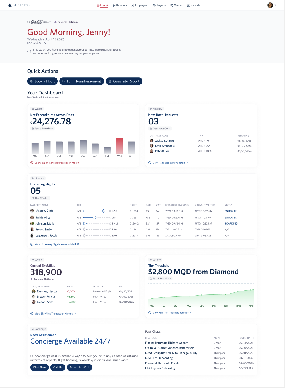 Delta Business Tool dashboard preview — KPIs, miles balance, traveler roster and more
